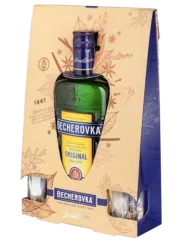 Becherovka 0,7l 38% + 2x sklenice a kazeta